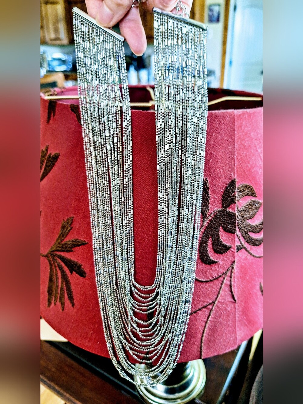 NWOT Elegant Multi-Layer Silver Beaded Statement Necklace (Long Fringe Style)